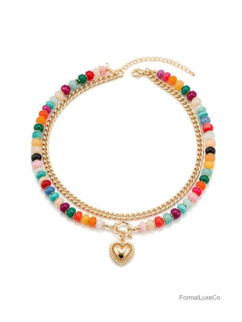 Layered Beaded Choker Necklace 14K Gold Plated Heart Pendant Boho Statement